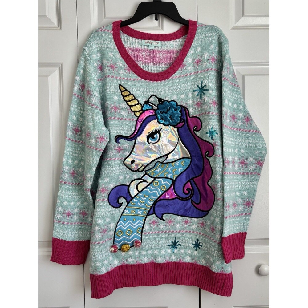 Ugly Christmas Sweater Women Knit Blue Unicorn Pullover Crew Neck Holiday Festiv
